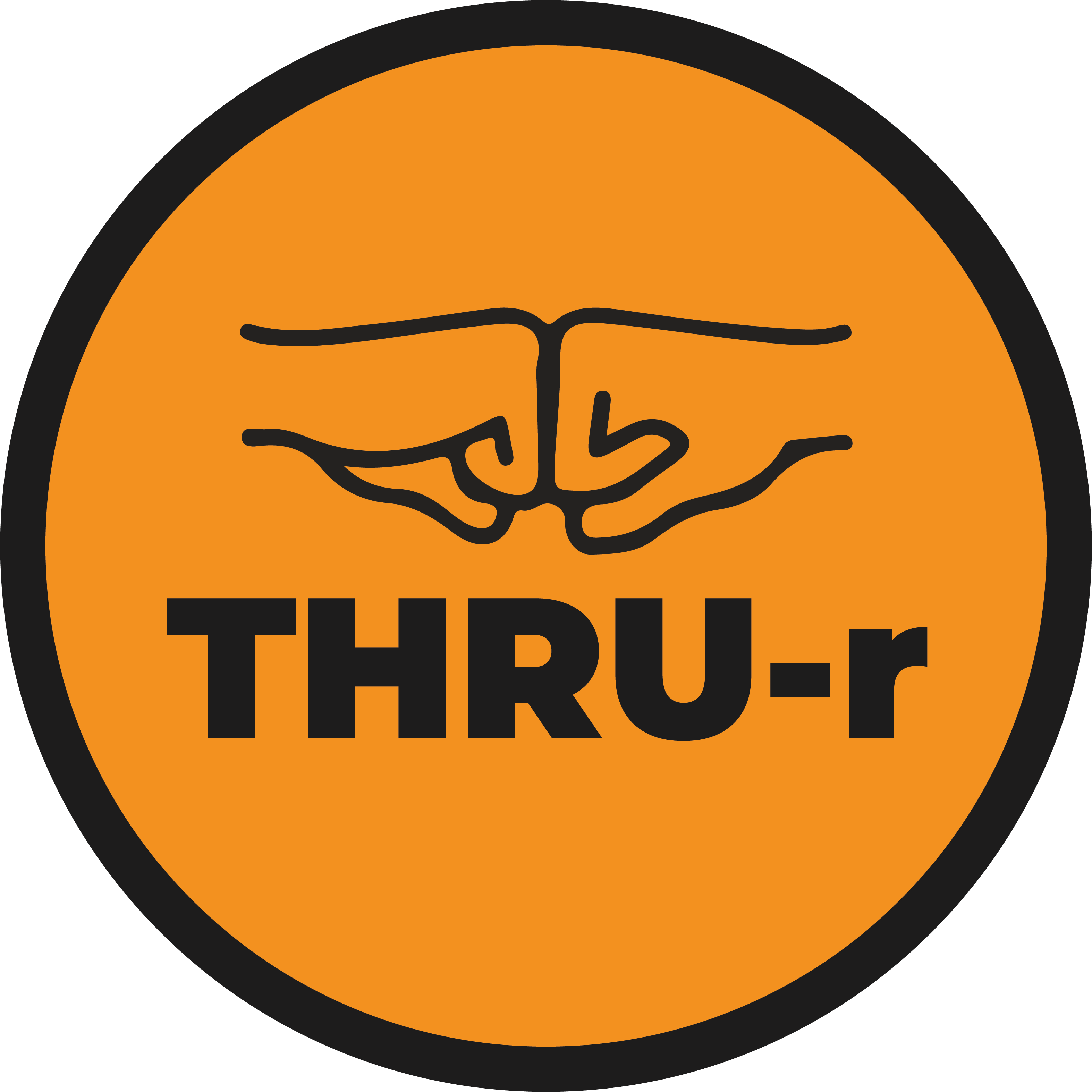 Thru-r Logo Circular orange logo showing a fist bump and the word Thru-r.