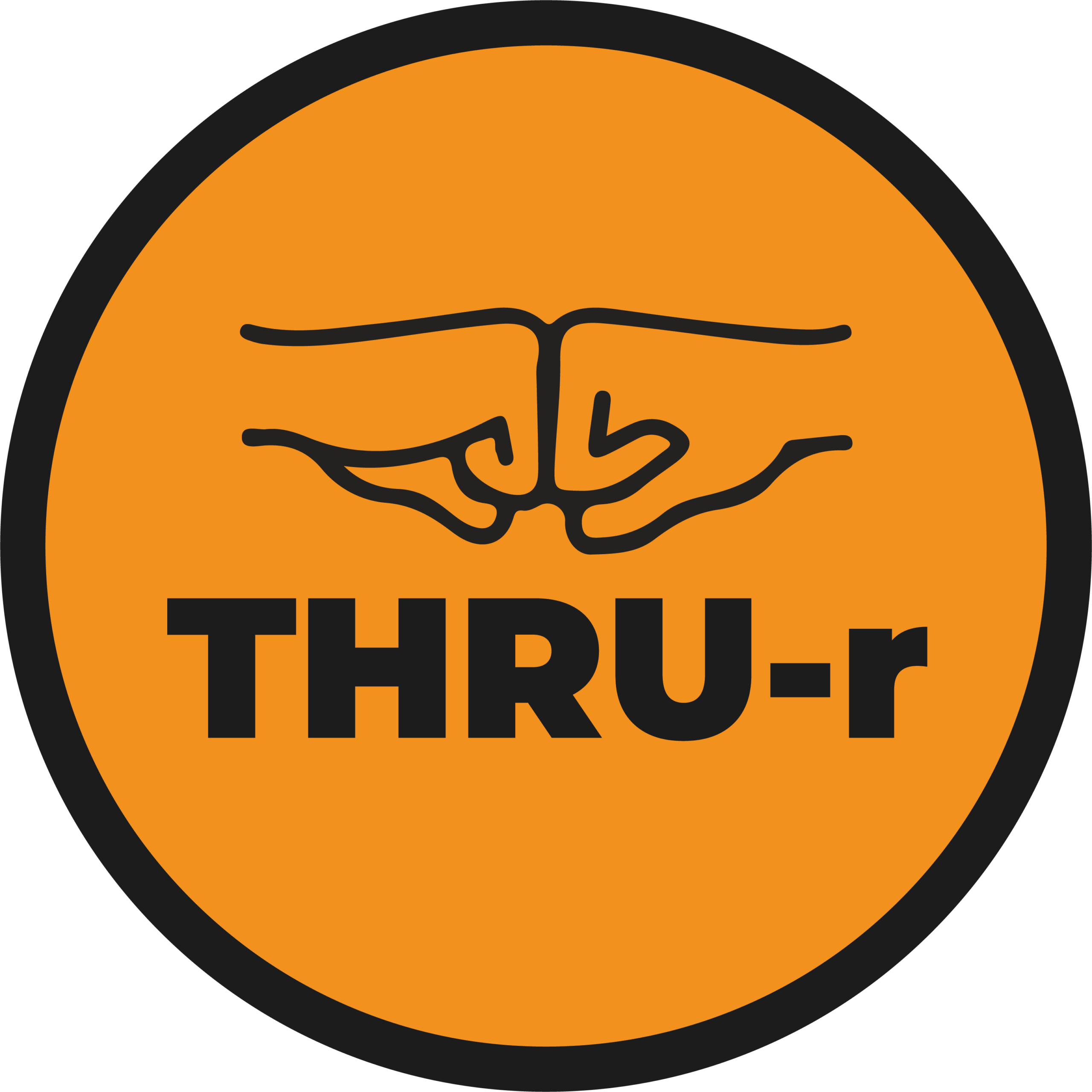 Circular orange logo showing a fist bump and the word Thru-r.
